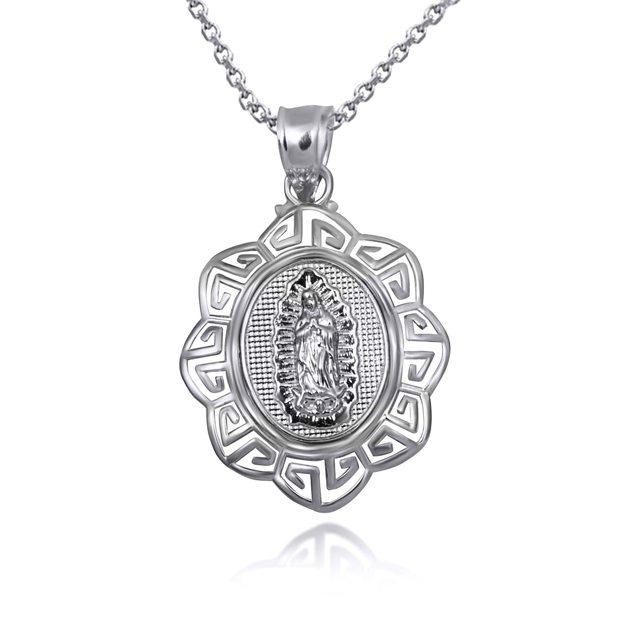 925 Sterling Silver Our Lady of Guadalupe Greek Key Oval Textured Pendant Necklace
