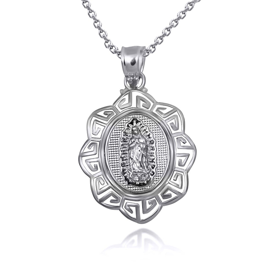 925 Sterling Silver Our Lady of Guadalupe Greek Key Oval Textured Pendant Necklace