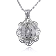 925 Sterling Silver Our Lady of Guadalupe Greek Key Oval Textured Pendant Necklace
