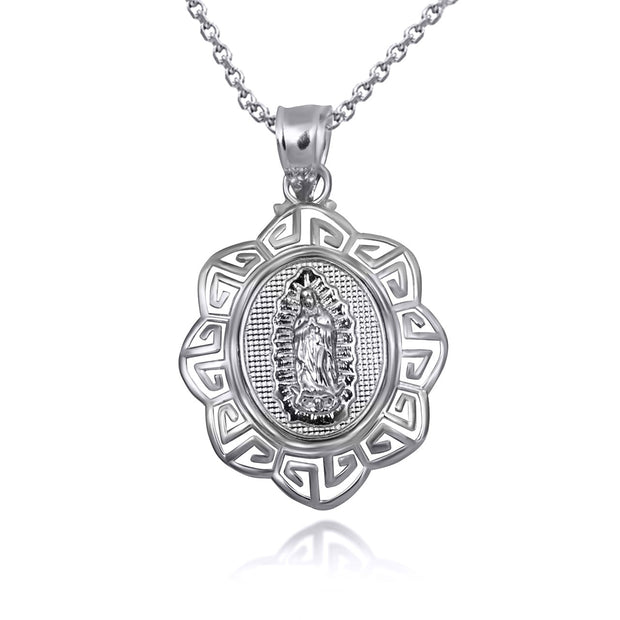 925 Sterling Silver Our Lady of Guadalupe Greek Key Oval Textured Pendant Necklace