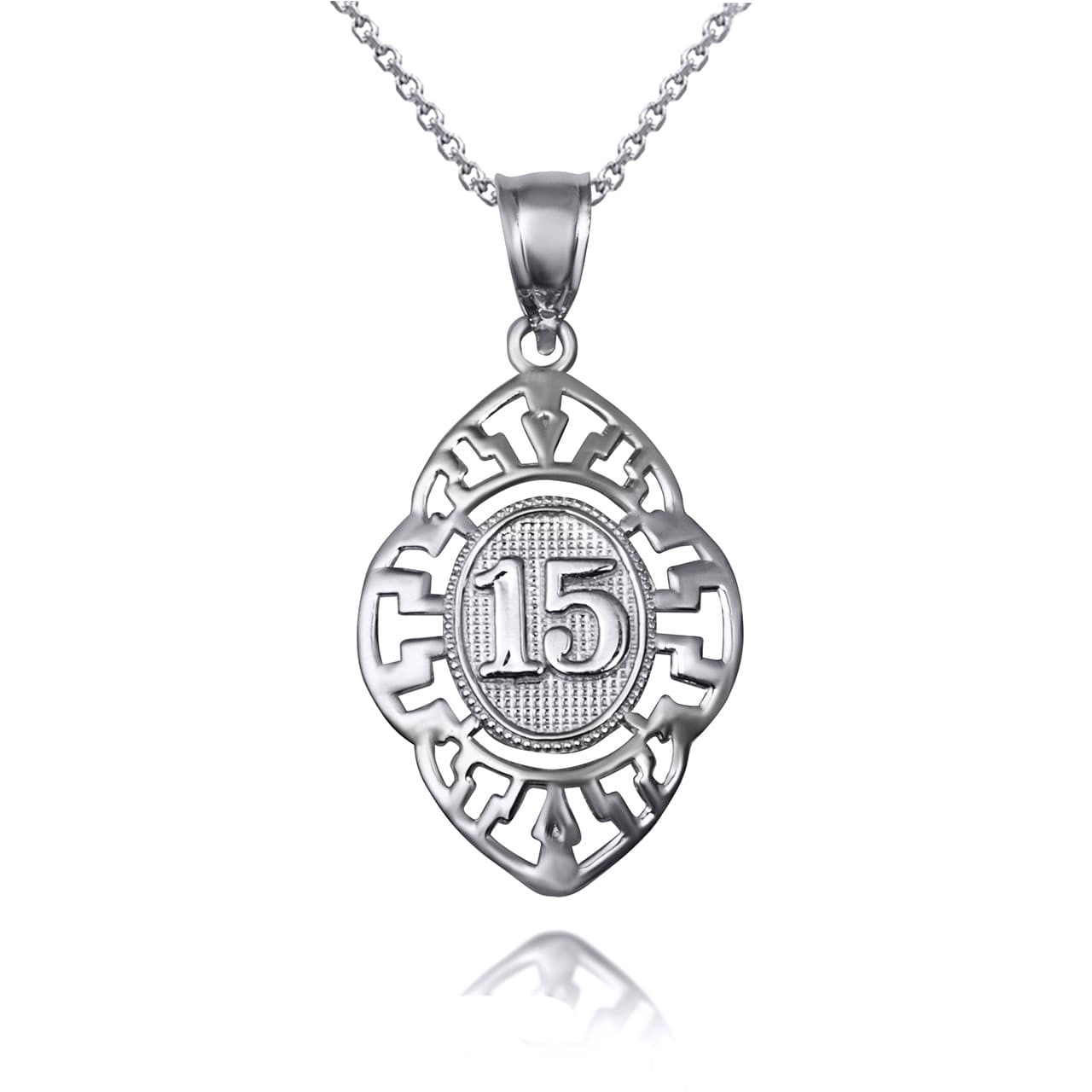 Solid Gold Two-Tone Quinceañera 15 Años Greek Key Oval Beaded Pendant Necklace (Available in Yellow/Rose/White Gold)