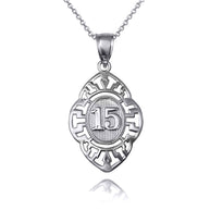 Solid Gold Two-Tone Quinceañera 15 Años Greek Key Oval Beaded Pendant Necklace (Available in Yellow/Rose/White Gold)