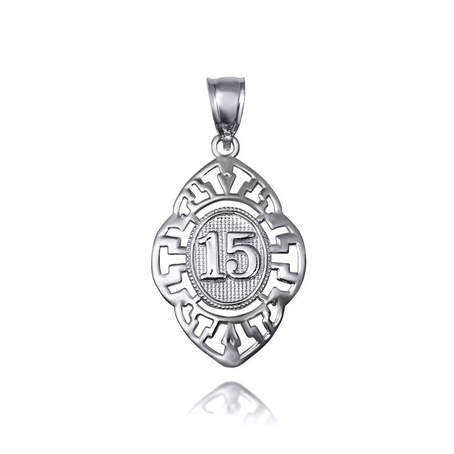 .925 Sterling Silver Quinceañera 15 Años Greek Key Oval Beaded Pendant Necklace