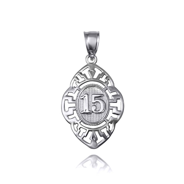 .925 Sterling Silver Quinceañera 15 Años Greek Key Oval Beaded Pendant Necklace