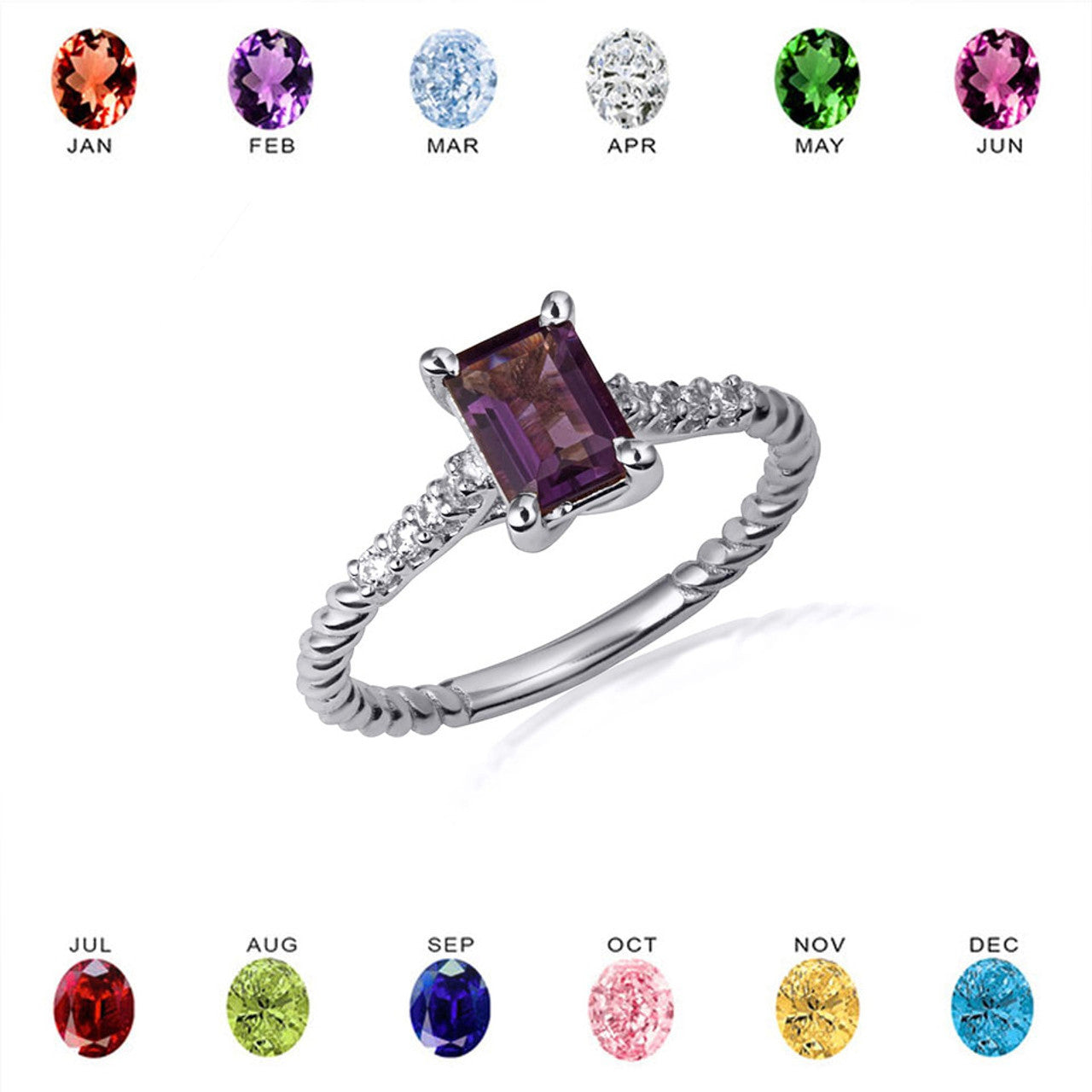 .925 Sterling Silver Emerald Cut Gemstone CZ Roped Twist Ring