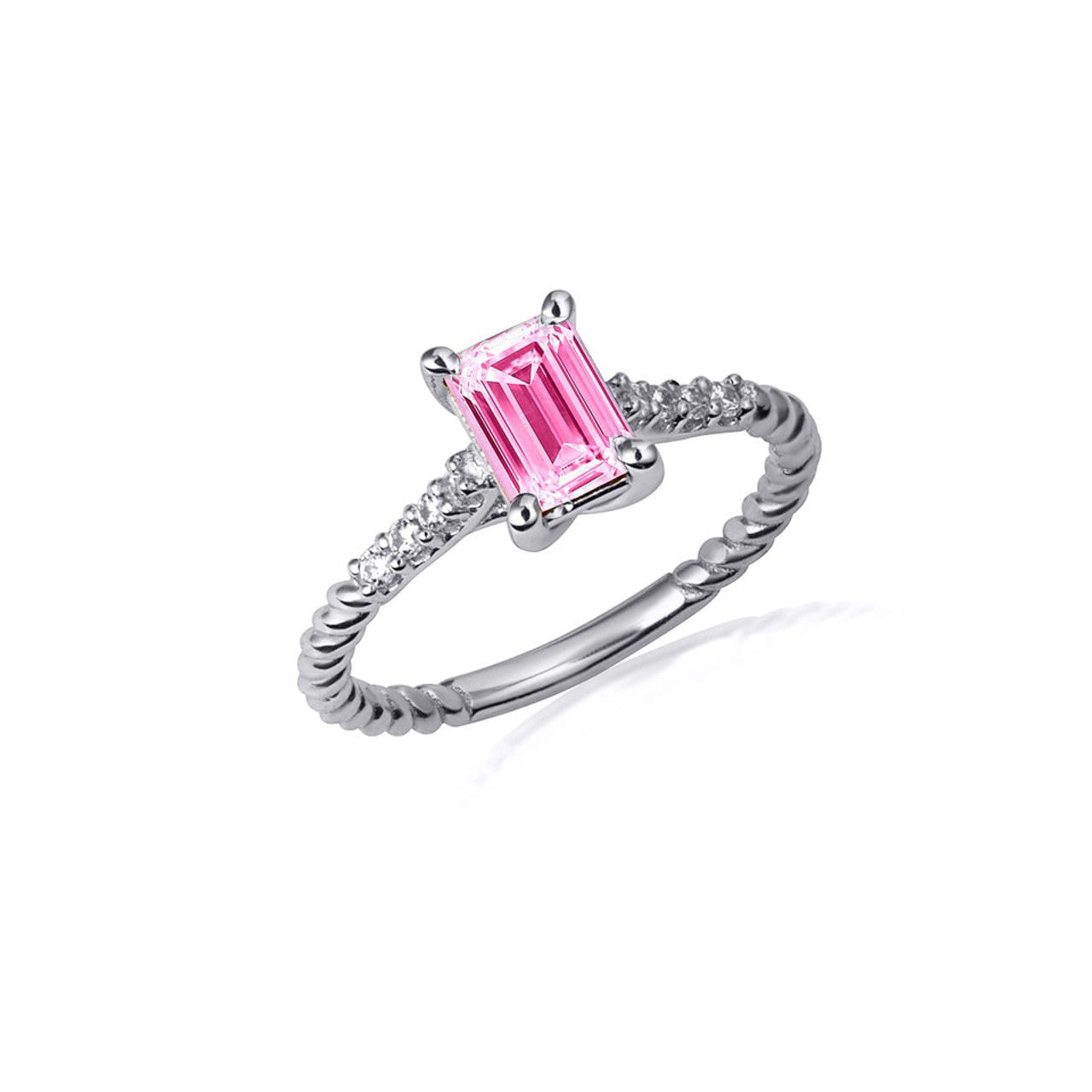 .925 Sterling Silver Emerald Cut Gemstone CZ Roped Twist Ring