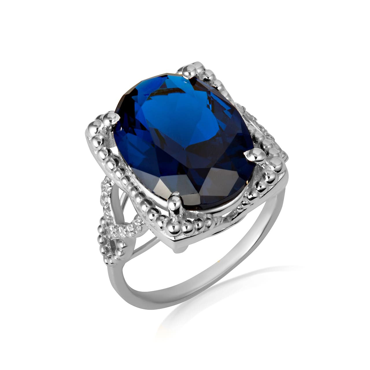 925 Sterling Silver Beaded Oval Gemstone Chevron Ring