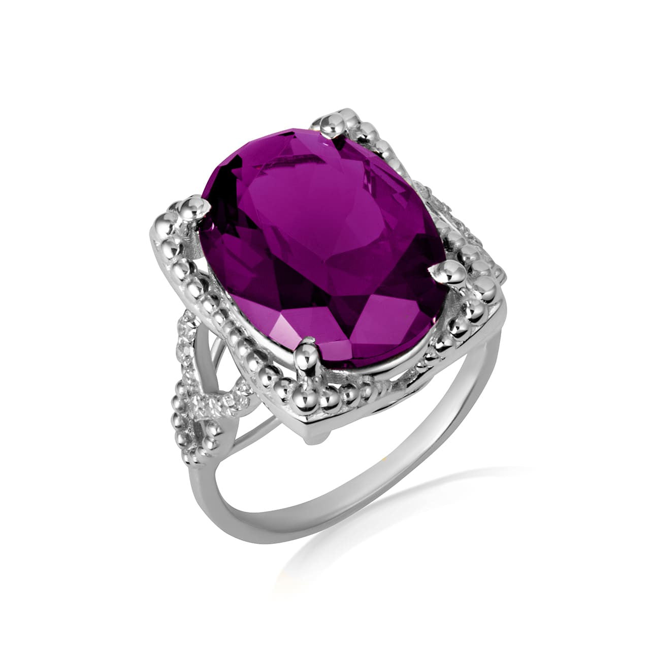925 Sterling Silver Beaded Oval Gemstone Chevron Ring