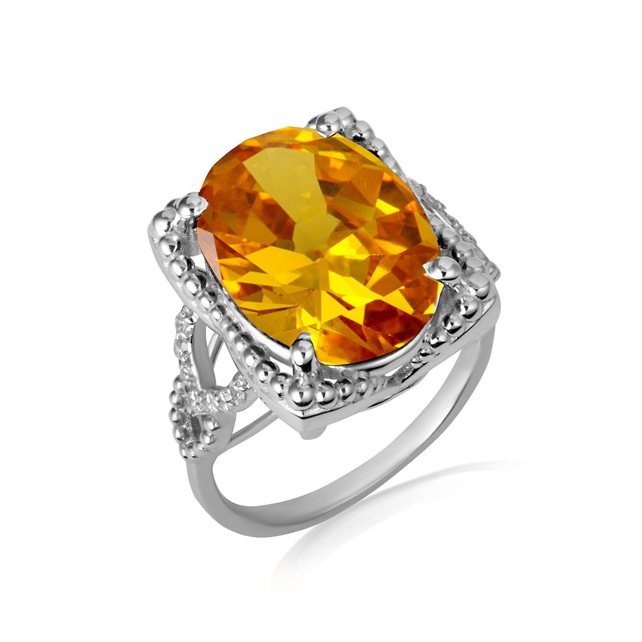 925 Sterling Silver Beaded Oval Gemstone Chevron Ring