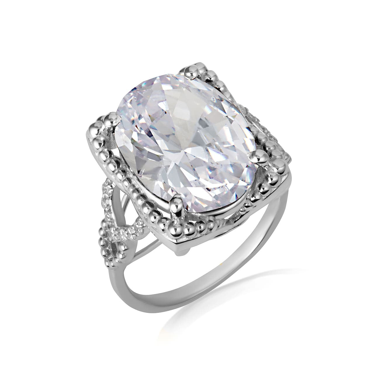 925 Sterling Silver Beaded Oval Gemstone Chevron Ring
