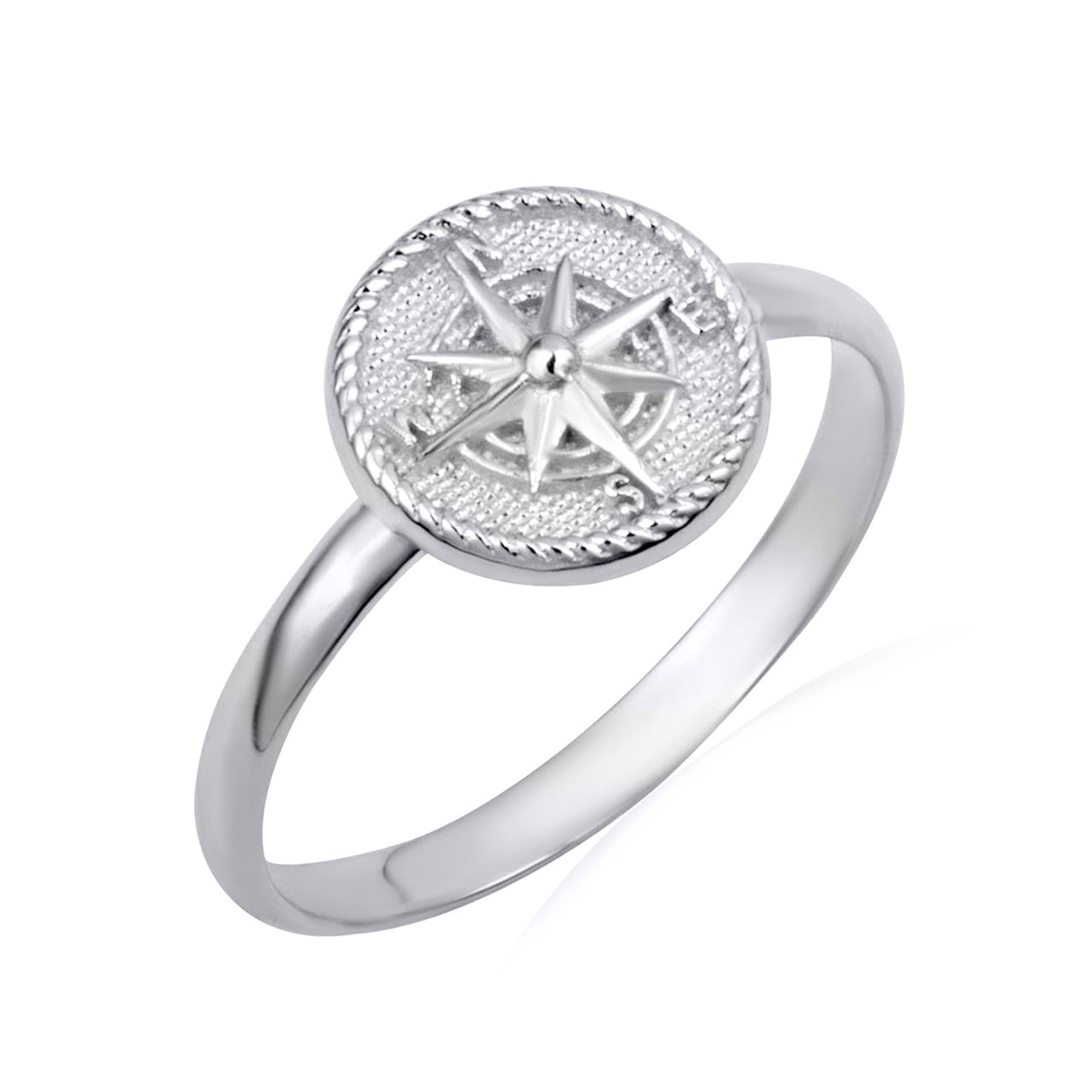 .925 Sterling Silver Nautical Compass Rose Rope Signet Ring