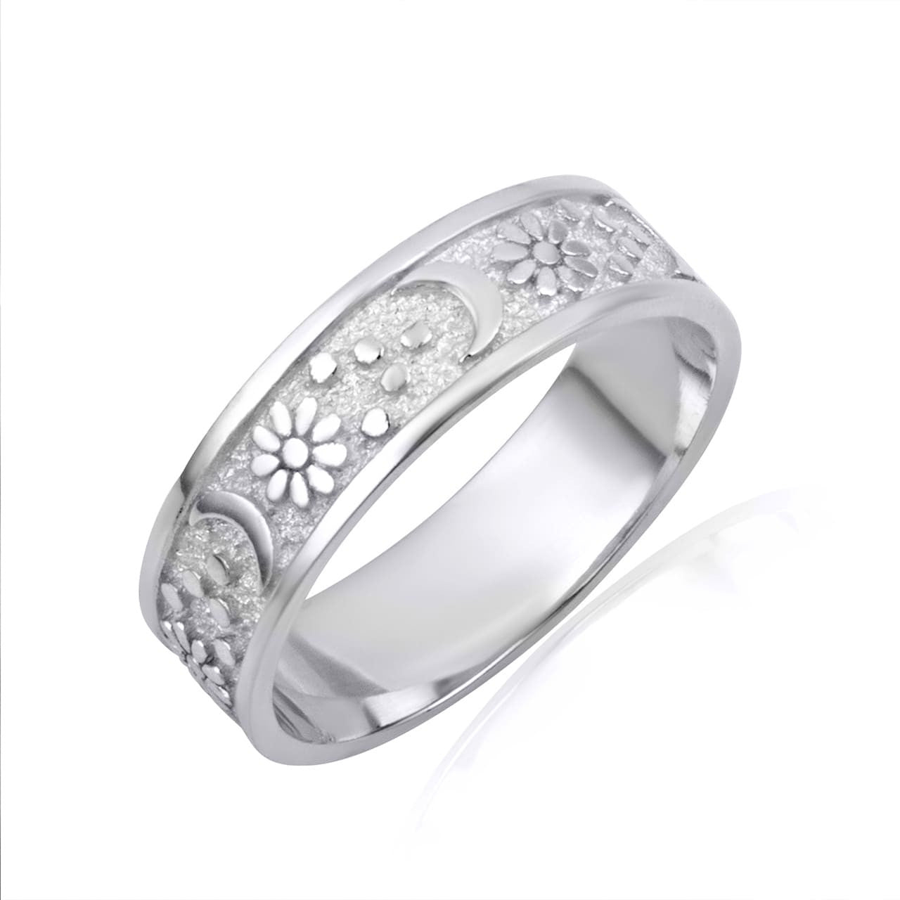 .925 Sterling Silver Daisy Flower Moon Textured Band Ring