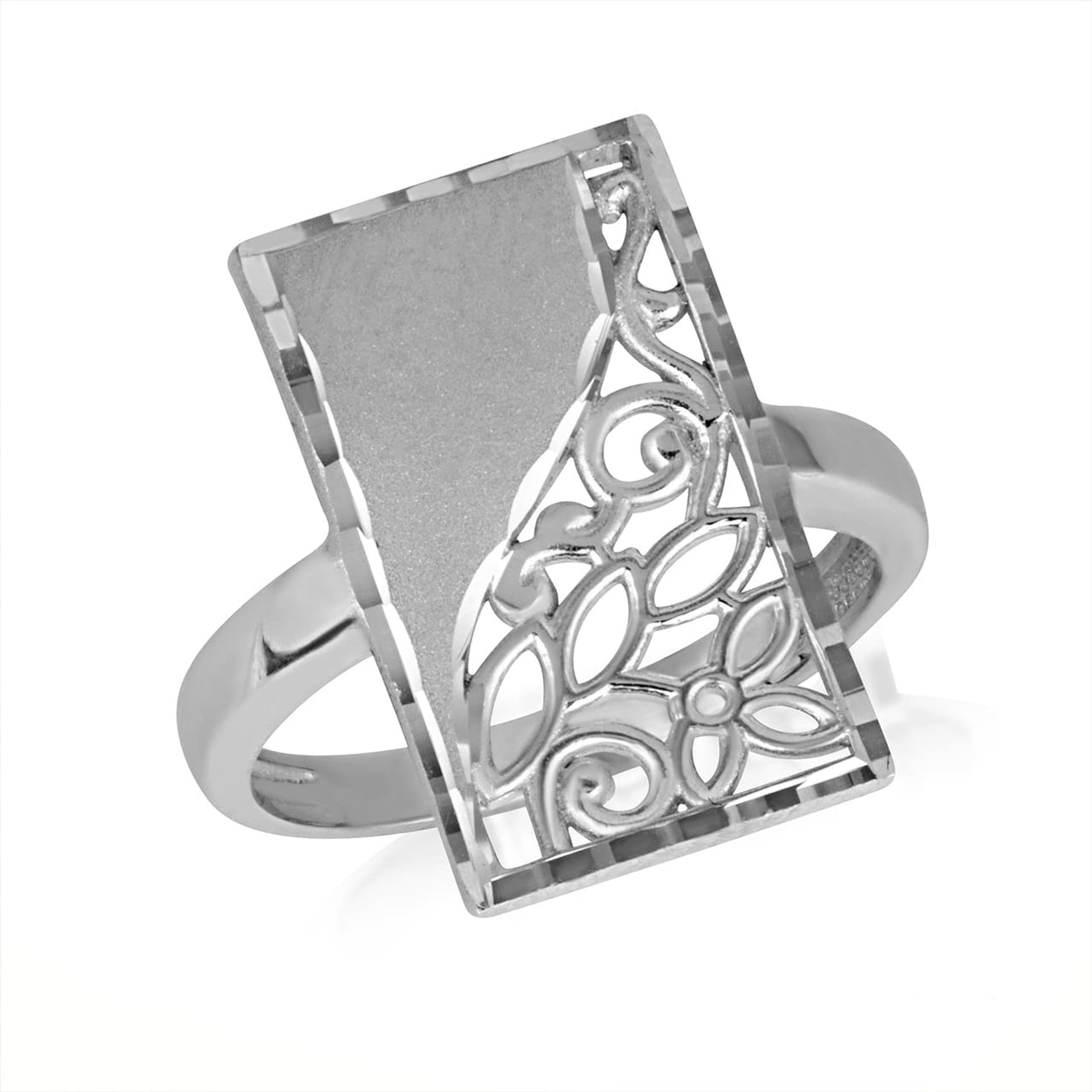 Gold Rectangle Diamond Cut Floral Statement Ring (Available in Yellow/Rose/White Gold)