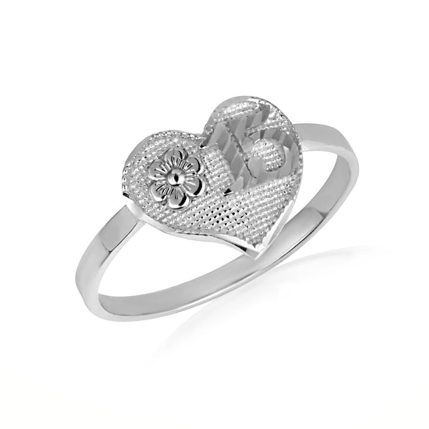 .925 Sterling Silver Diamond Cut Beaded Heart 15 Años Flower Quinceañera Ring