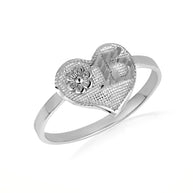 Tri-Color Gold Diamond Cut Beaded Heart 15 Años Flower Quinceañera Ring (Available in Yellow/Rose/White Gold)