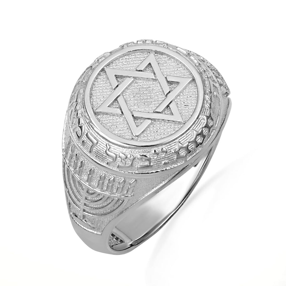 Gold Jewish Star Of David Hebrew Menorah Signet Ring (Available in Yellow/Rose/White Gold)