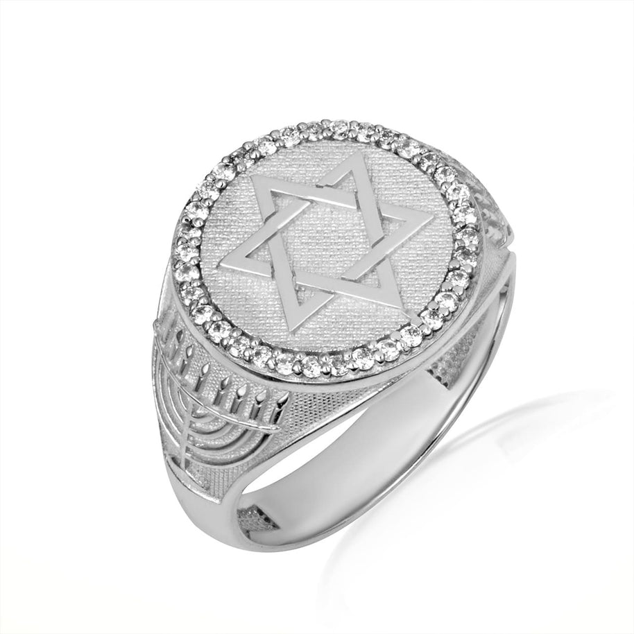 Gold Diamond Jewish Star Of David Hebrew Menorah Signet Ring (Available in Yellow/Rose/White Gold)
