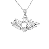.925 Sterling Silver Cubic Zirconia Mis 15 Años Flower Quinceañera Pendant Necklace