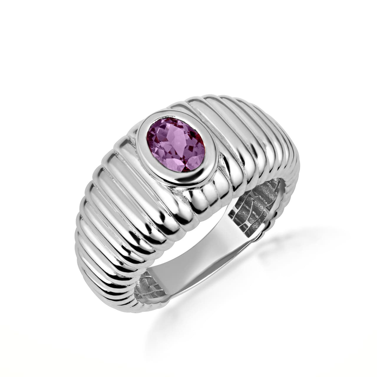 .925 Sterling Silver Oval Birthstone Ribbed Cocktail Ring
