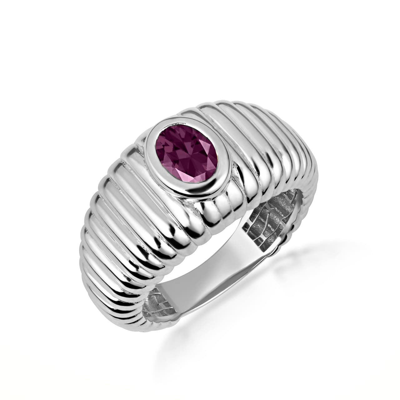 .925 Sterling Silver Oval Birthstone Ribbed Cocktail Ring