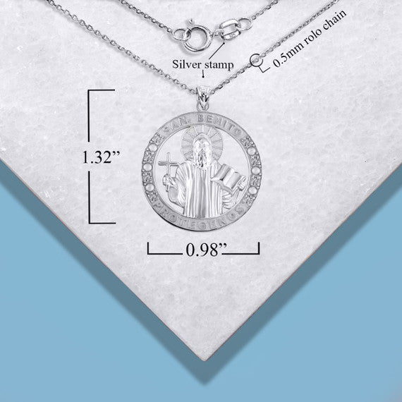 .925 Sterling Silver Cubic Zirconia Patron Saint Benedict Medal Round Pendant Necklace