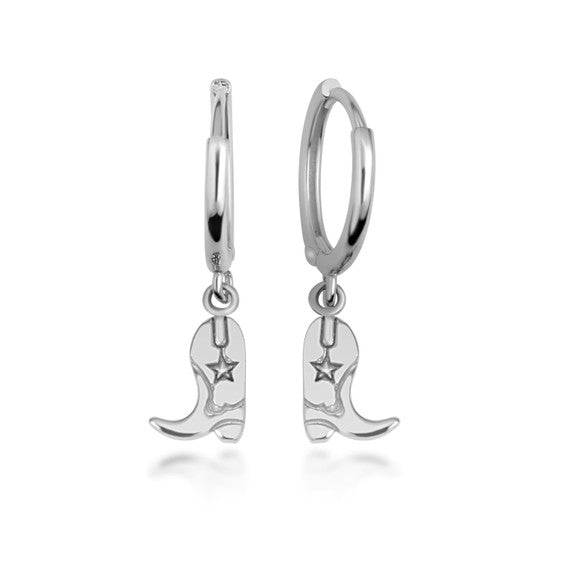 .925 Sterling Silver Western Cowboy Boots Drop Huggie Hoop Earrings
