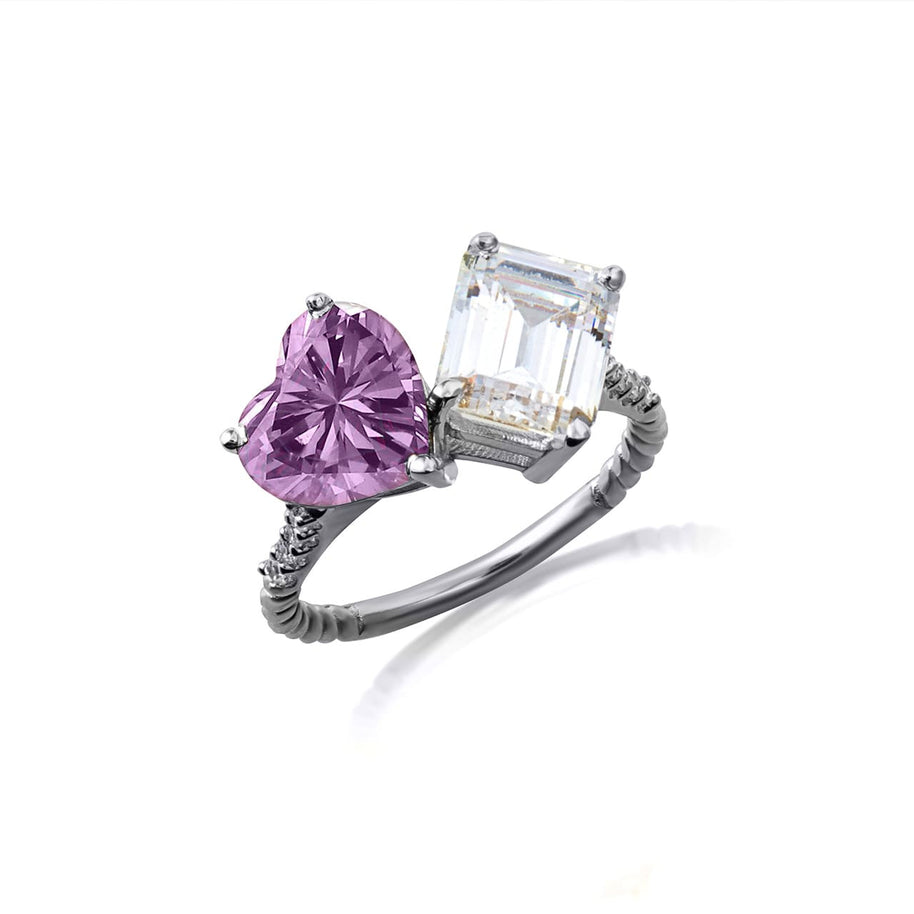 Gold Toi Et Moi Heart & Emerald Cut Gemstone Roped Twist Diamond Ring (Available in Yellow/Rose/White Gold)