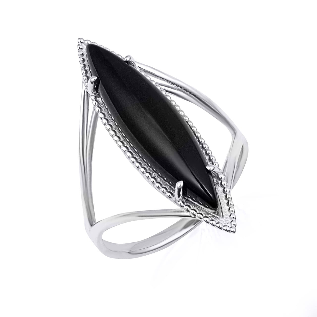 Gold Elongated Marquise Cut Black Onyx Gemstone Milgrain Ring (Available in Yellow/Rose/White Gold)
