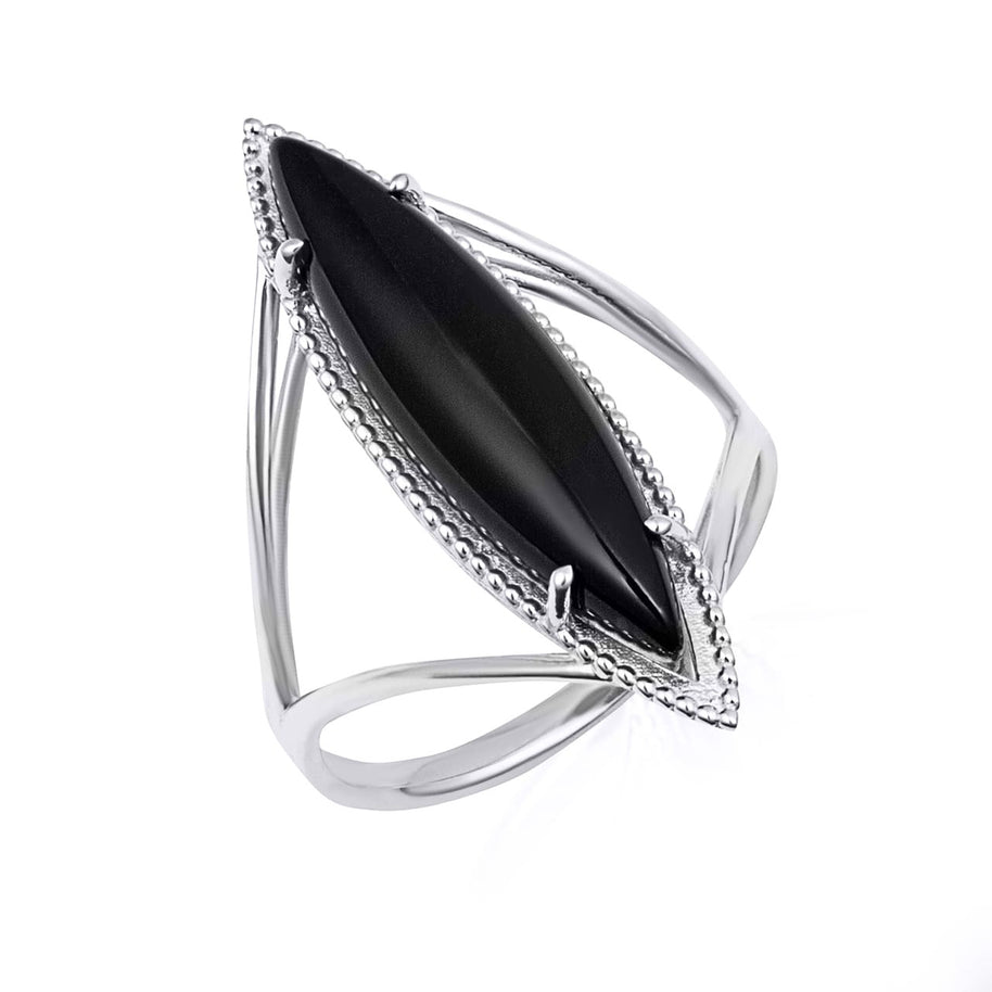 Gold Elongated Marquise Cut Black Onyx Gemstone Milgrain Ring (Available in Yellow/Rose/White Gold)