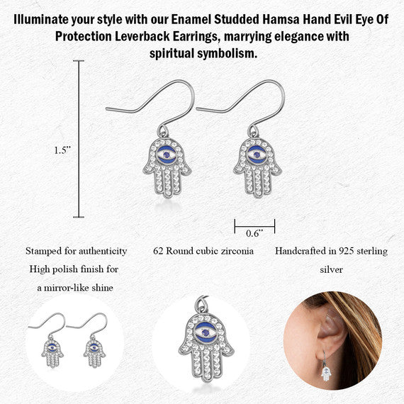 .925 Sterling Silver Enamel Cubic Zirconia Studded Hamsa Hand Evil Eye Of Protection Leverback Earrings