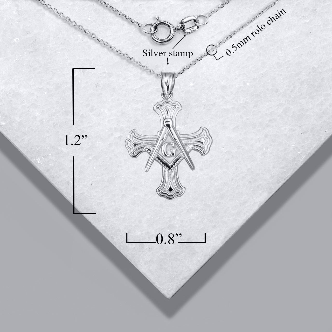 .925 Sterling Silver Freemason Cross Square and Compass Pendant Necklace