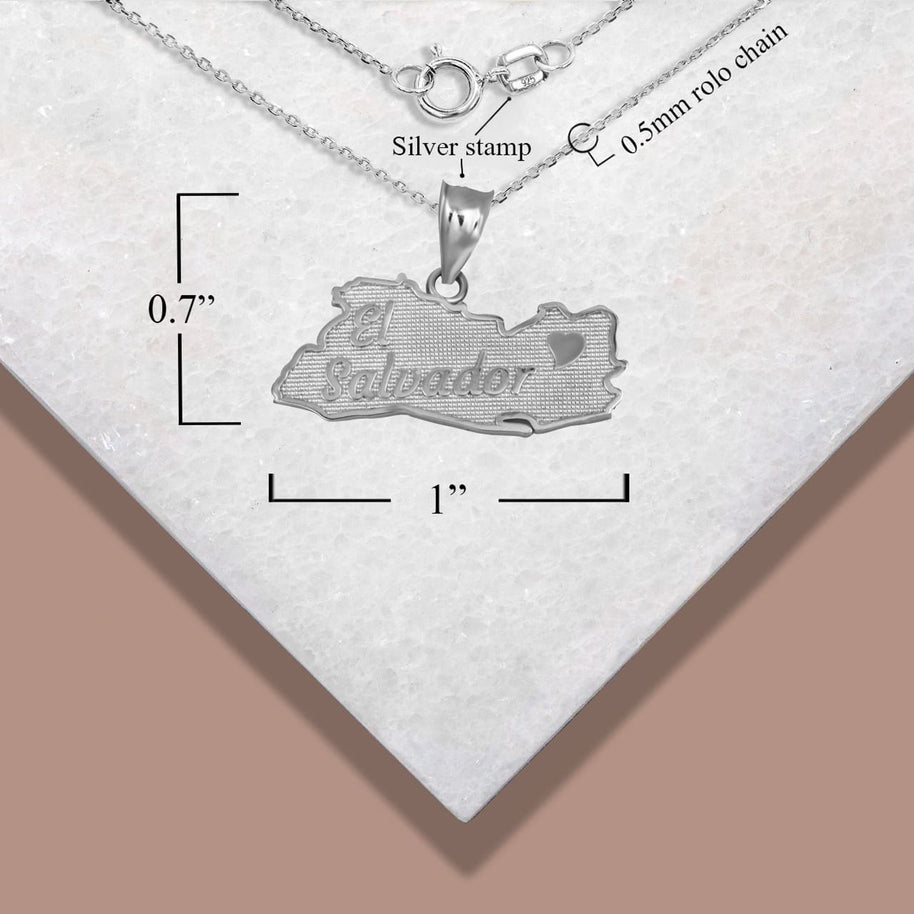 .925 Sterling Silver El Salvador Map Heart Pendant Necklace
