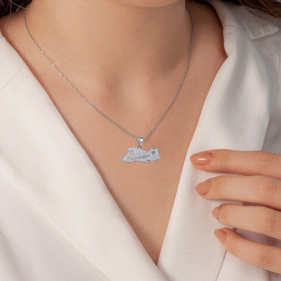 .925 Sterling Silver El Salvador Map Heart Pendant Necklace