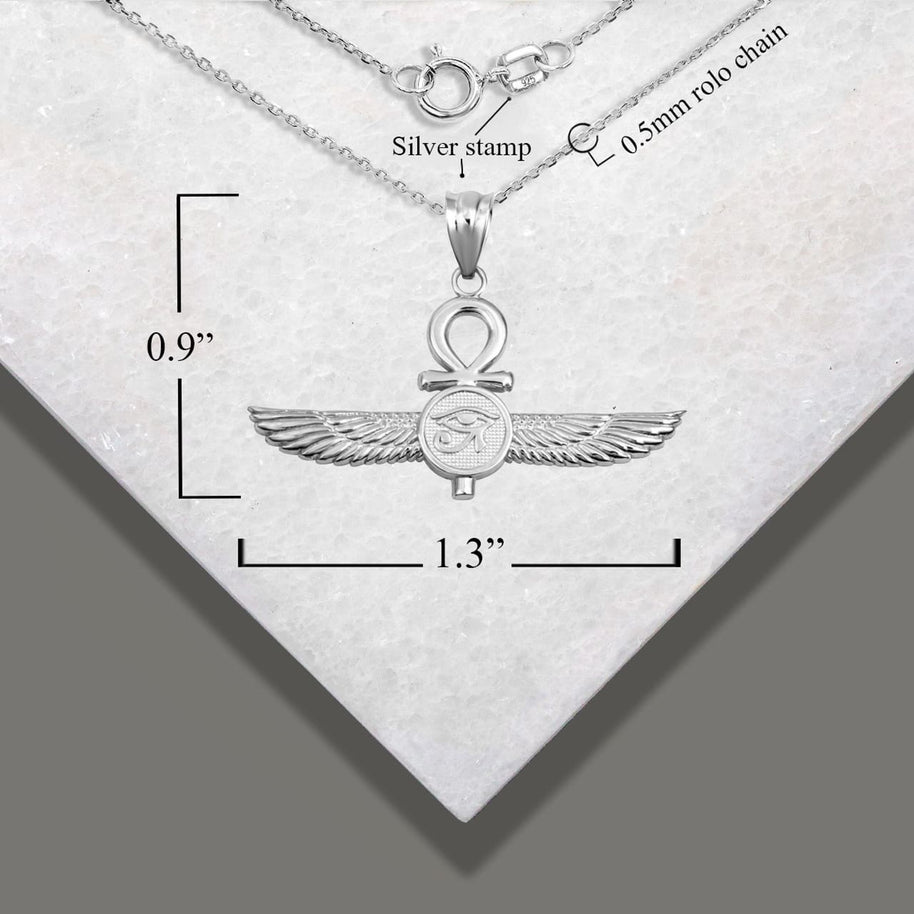 .925 Sterling Silver Egyptian Ankh Cross Eye Of Horus Wedjat Winged Goddess Isis Protection Pendant Necklace
