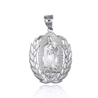 .925 Sterling Silver Our Lady Of Guadalupe Laurel Wreath Milgrain Pendant Necklace