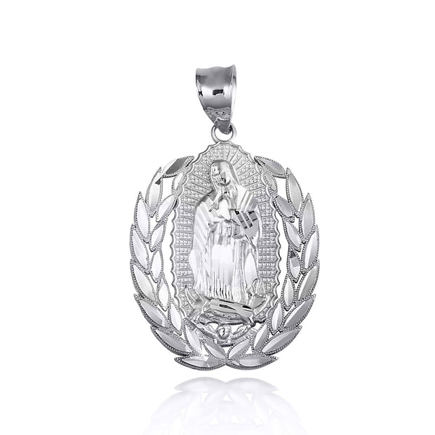 .925 Sterling Silver Our Lady Of Guadalupe Laurel Wreath Milgrain Pendant Necklace