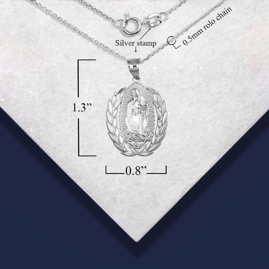 .925 Sterling Silver Our Lady Of Guadalupe Laurel Wreath Milgrain Pendant Necklace