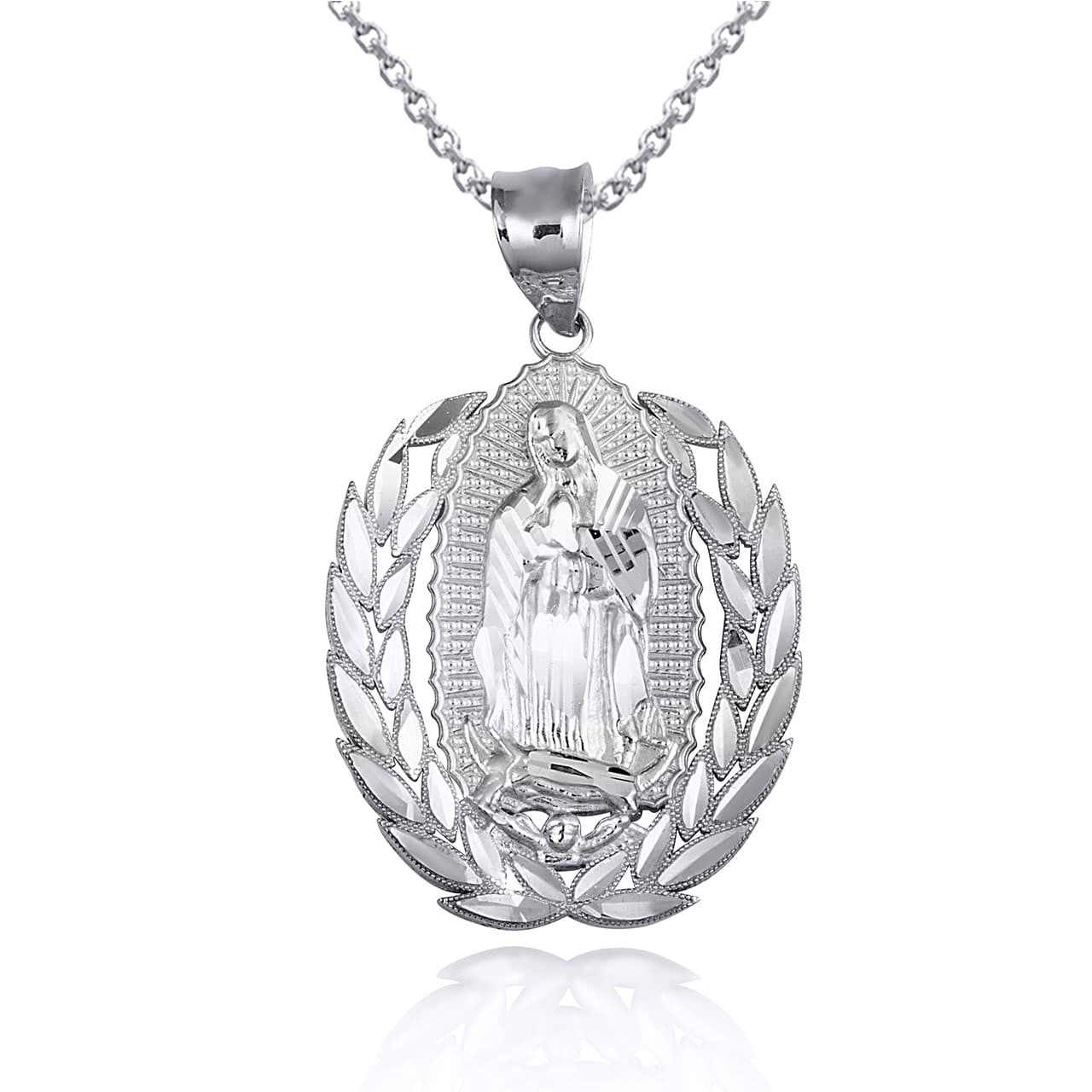 .925 Sterling Silver Our Lady Of Guadalupe Laurel Wreath Milgrain Pendant Necklace