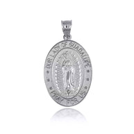 .925 Sterling Silver Religious Our Lady of Guadalupe Beaded Oval Medallion Pendant Necklace