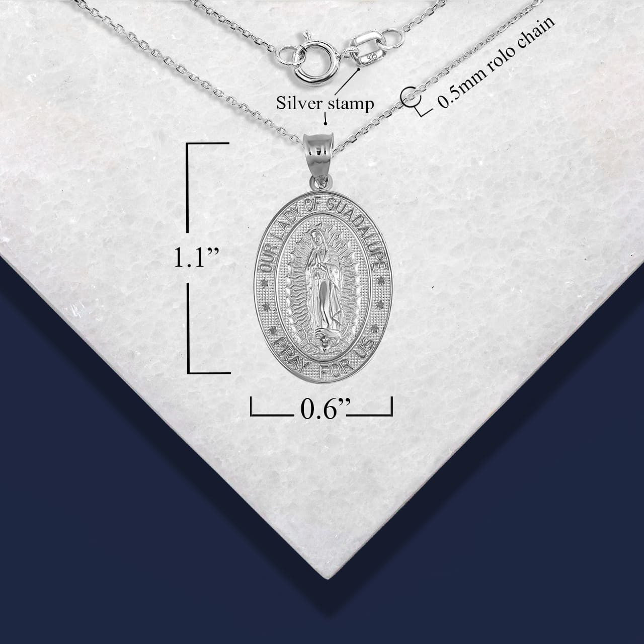 .925 Sterling Silver Religious Our Lady of Guadalupe Beaded Oval Medallion Pendant Necklace