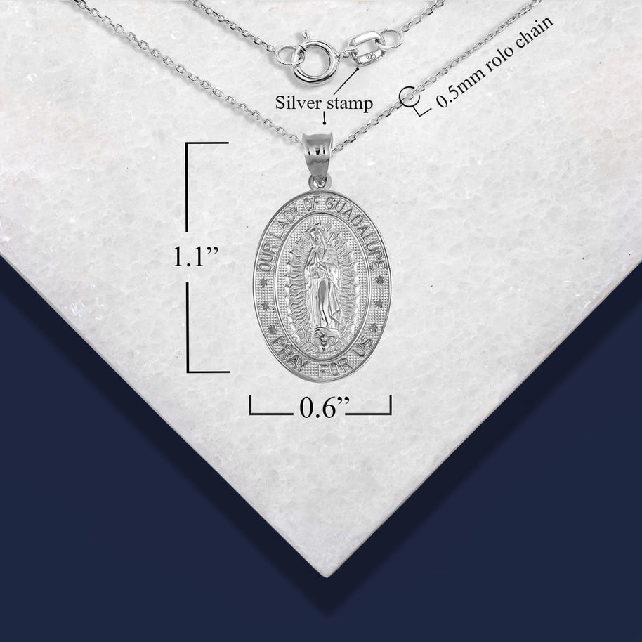 .925 Sterling Silver Religious Our Lady of Guadalupe Beaded Oval Medallion Pendant Necklace