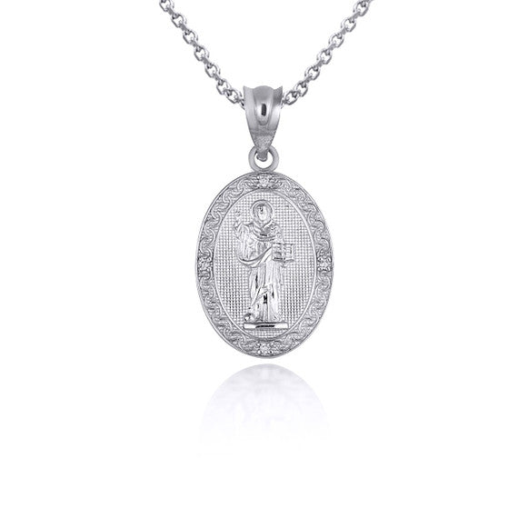 .925 Sterling Silver Engravable Patron Saint Dominic de Guzman Cubic Zirconia Oval Medallion Pendant Necklace