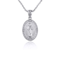 .925 Sterling Silver Engravable Patron Saint Dominic de Guzman Cubic Zirconia Oval Medallion Pendant Necklace