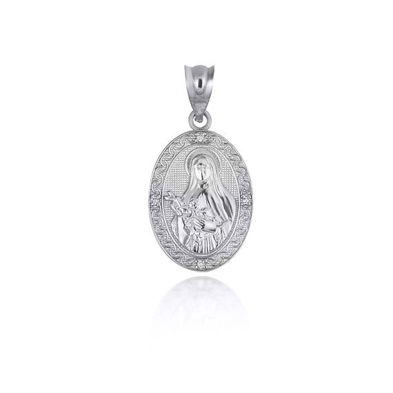 Gold Engravable Patron Saint Therese Of Lisieux Diamond Oval Medallion Pendant Necklace (Available in Yellow/Rose/White Gold)