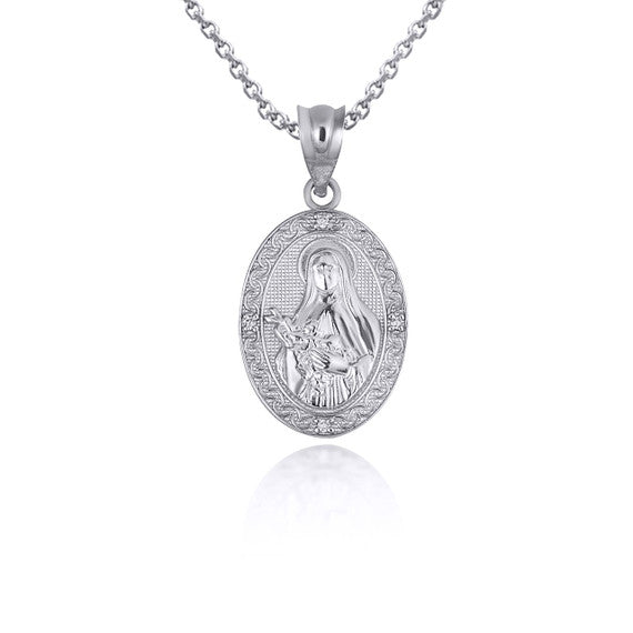 925 Sterling Silver Engravable Patron Saint Therese Of Lisieux Cubic Zirconia Oval Medallion Pendant Necklace