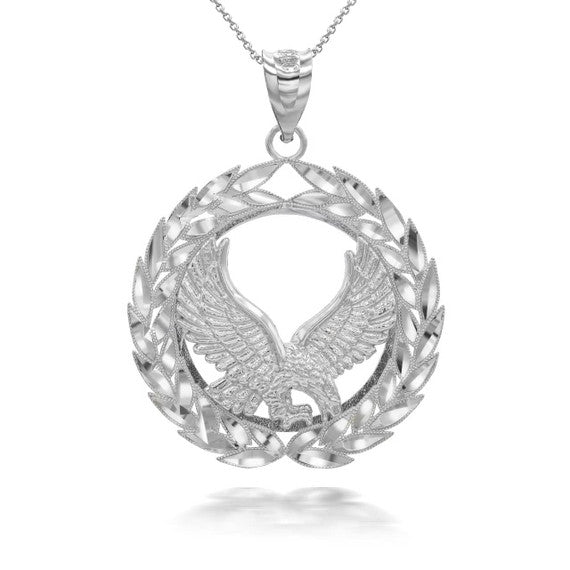.925 Sterling Silver Diamond Cut Eagle Laurel Wreath Milgrain Pendant Necklace (Available in Small/Large)