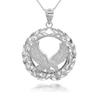 .925 Sterling Silver Diamond Cut Eagle Laurel Wreath Milgrain Pendant Necklace (Available in Small/Large)