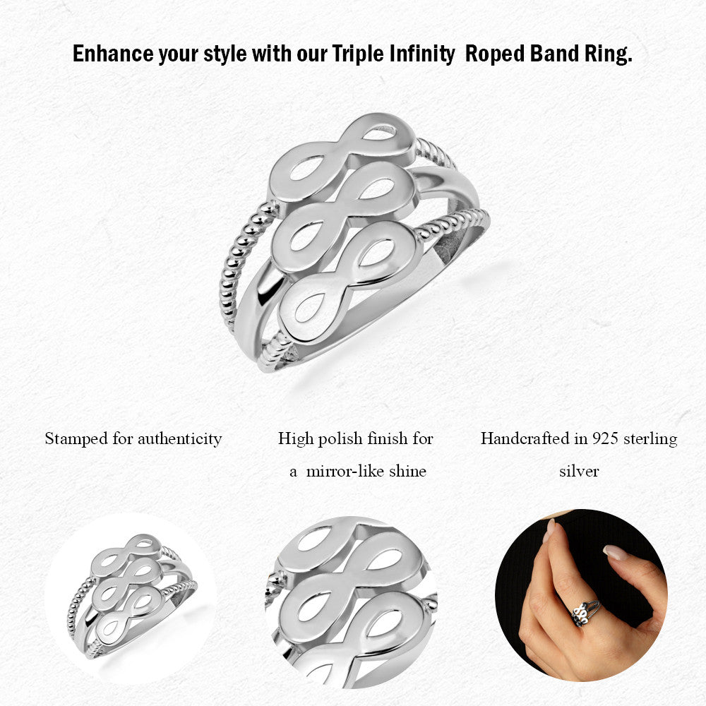 .925 Sterling Silver Triple Infinity Multi Row Rope Band Ring