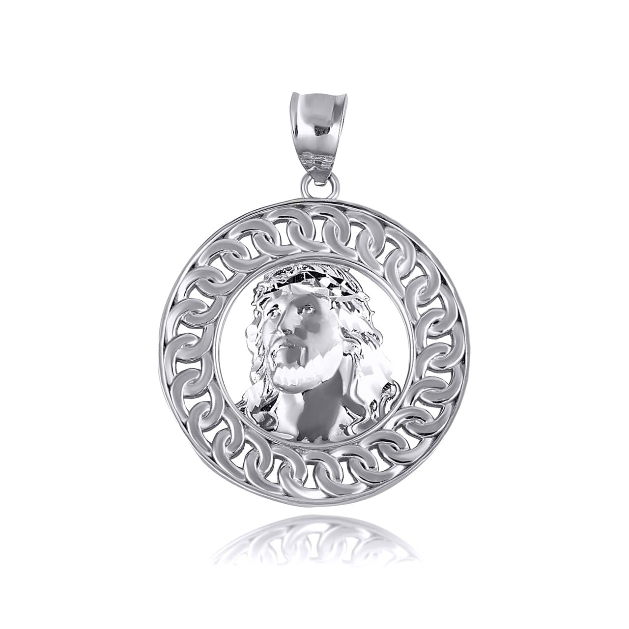 .925 Sterling Silver Jesus Christ Face Cuban Link Round Pendant Necklace