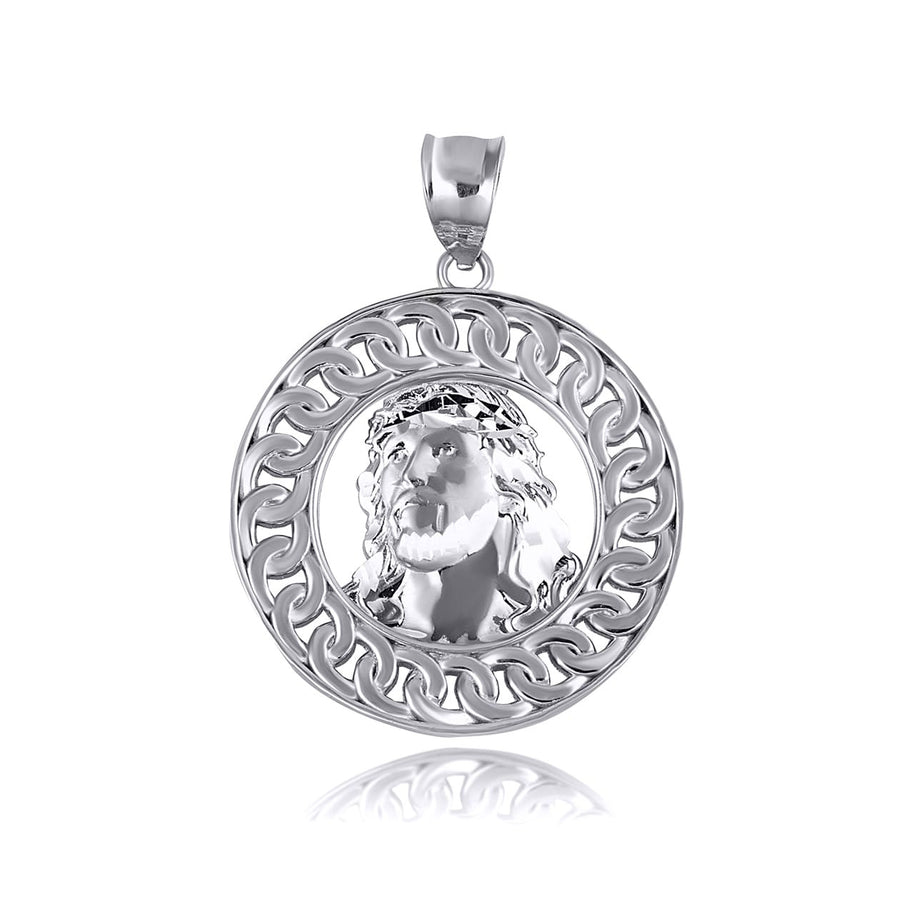 .925 Sterling Silver Jesus Christ Face Cuban Link Round Pendant Necklace